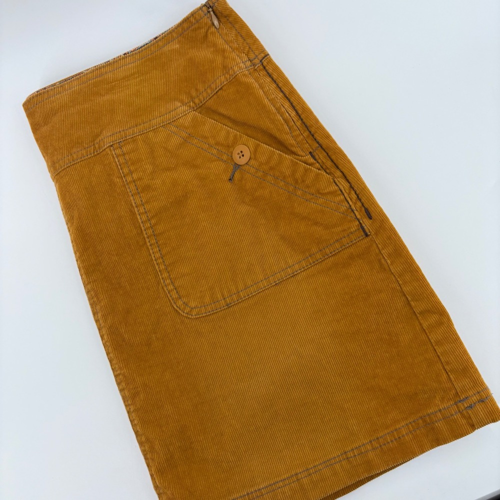 PrAna Corduroy A-Line Skirt Women Size 10 Mustard Yellow Organic Cotton Blend